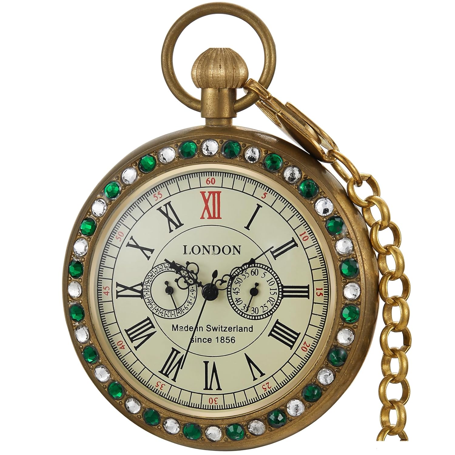 Tourbillon Day&Moon Phase Display Pocket Watch,Mens London Vintage Copper Hand-Wind Mechanical Second&24hours Sub-dials Pocket Watch with Chain&Box