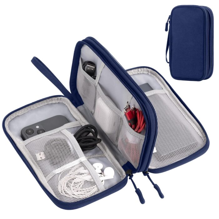 Travel essentials Electronic Cable Organizer Pouch Accessories Carry Case Portable Waterproof Double Layers multifunctional Storage Bag for Cord, Charger, Phone, Earphone, Blue, M