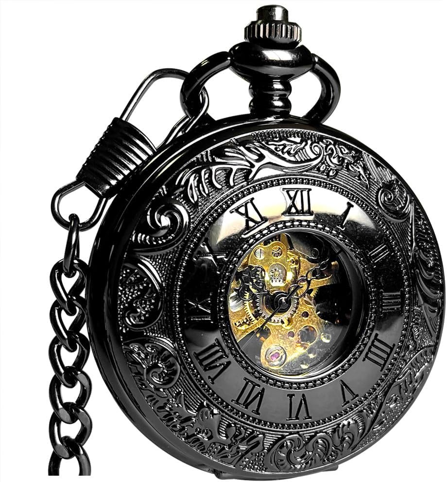 VIGOROSO Vintage Hand Wind Up Pocket Watches for Men, Mechanical Pocket Watch with Chain, Mens Skeleton Pocketwatch