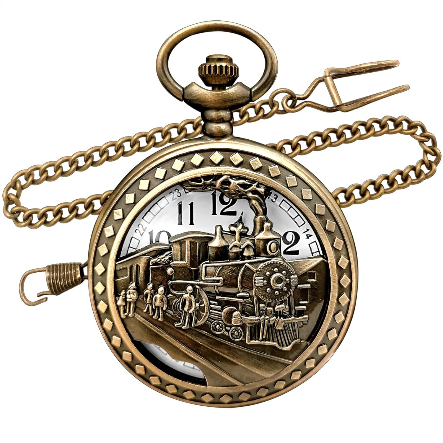 Vintage Bronze Steam Train Mens Quartz Gift Pocket Watch with Chain