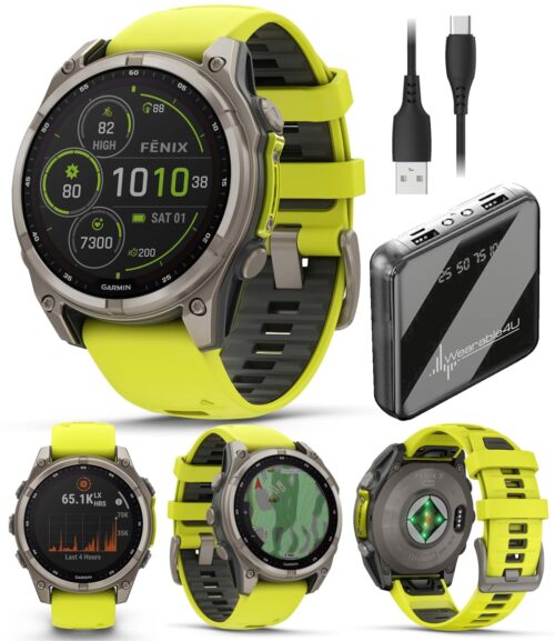 Wearable4U Garmin Fenix 8 – 47 mm, Solar, Multisport GPS Smartwatch, Sapphire, Titanium with Amp Yellow/Graphite Silicone, Built-in LED Flashlight, Voice Control Power Bank Bundle