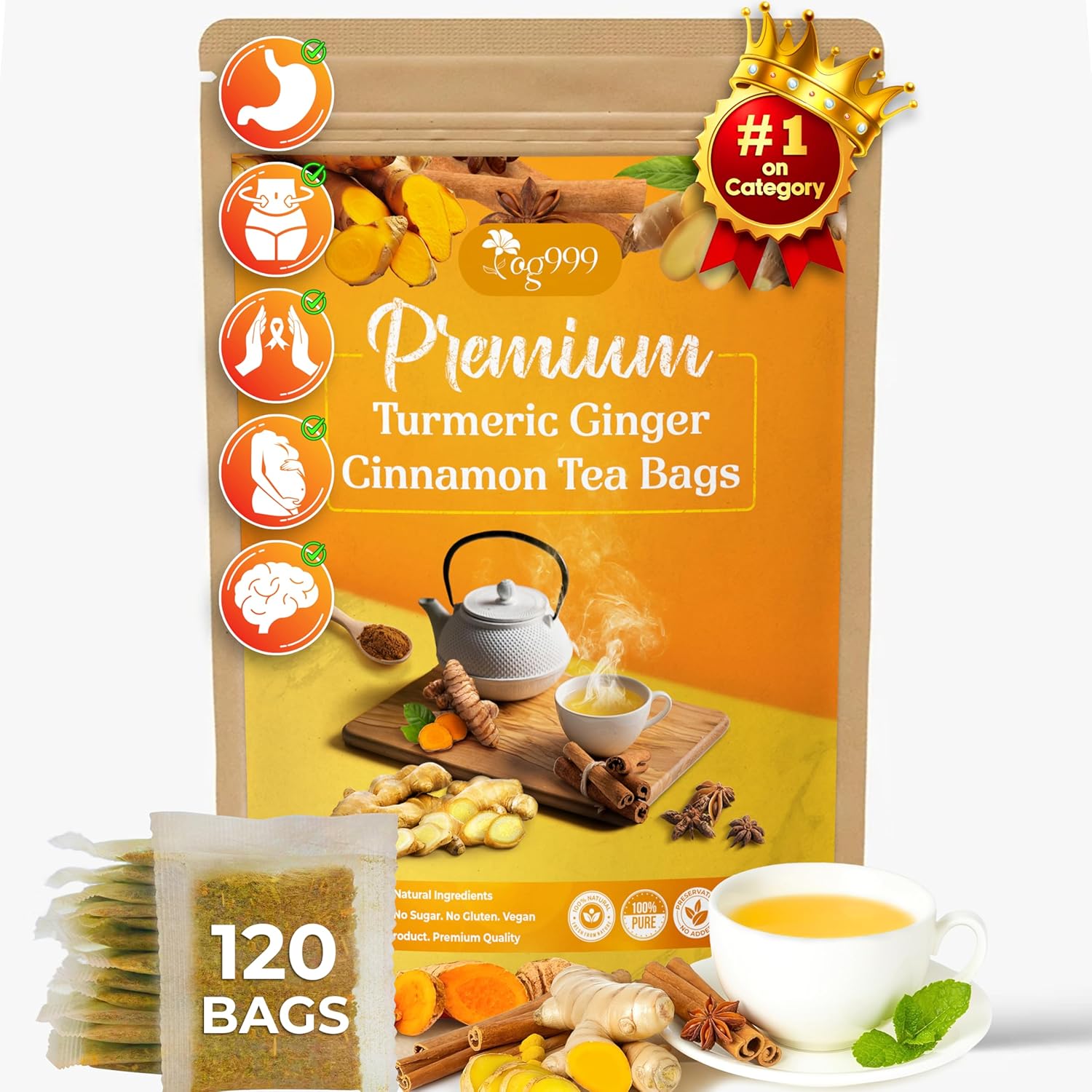 120 Bags Premium Turmeric Ginger Cinnamon Tea, Improve Digestion, Support Brain, Weight, Skin and Sleep, Eco-Conscious Tea Bags and Premium Natural Ingredients. Turmeric Ginger…