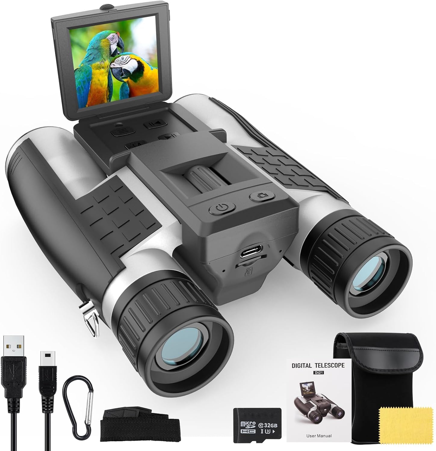 12×32 Large View Binoculars with Camera, FMC & BAK4 Prism Binoculars for Adults High Powered, 2″ LCD Display 5MP 1080P Video Photo Recorder for Bird Watching Hunting, with 32GB…