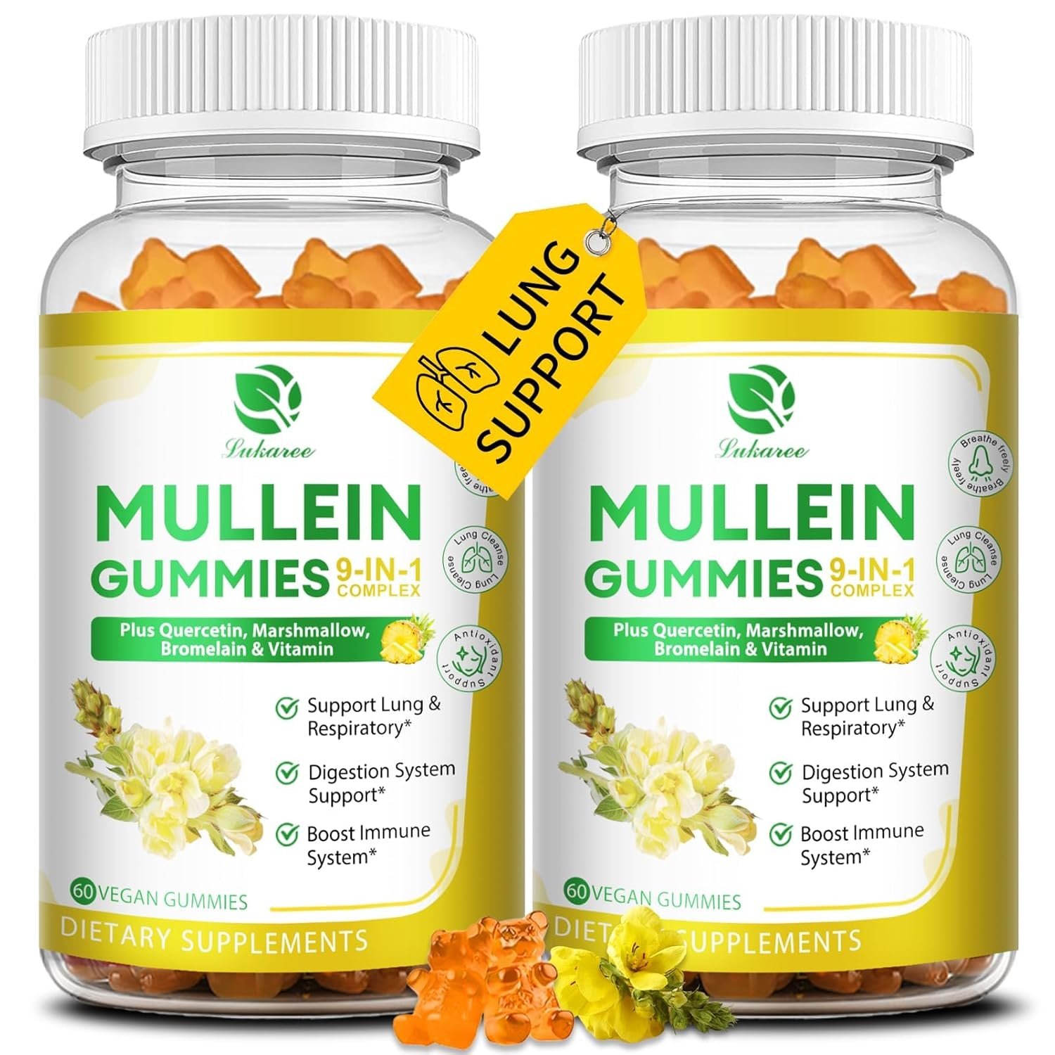 (2 Pack) 9 in 1 Mullein Gummies for Lung Cleanse, Mullein Leaf Extract w/Quercetin, Bromelain, Elderberry & Marshmallow for Respiratory, Immune, Vegan,120 Count
