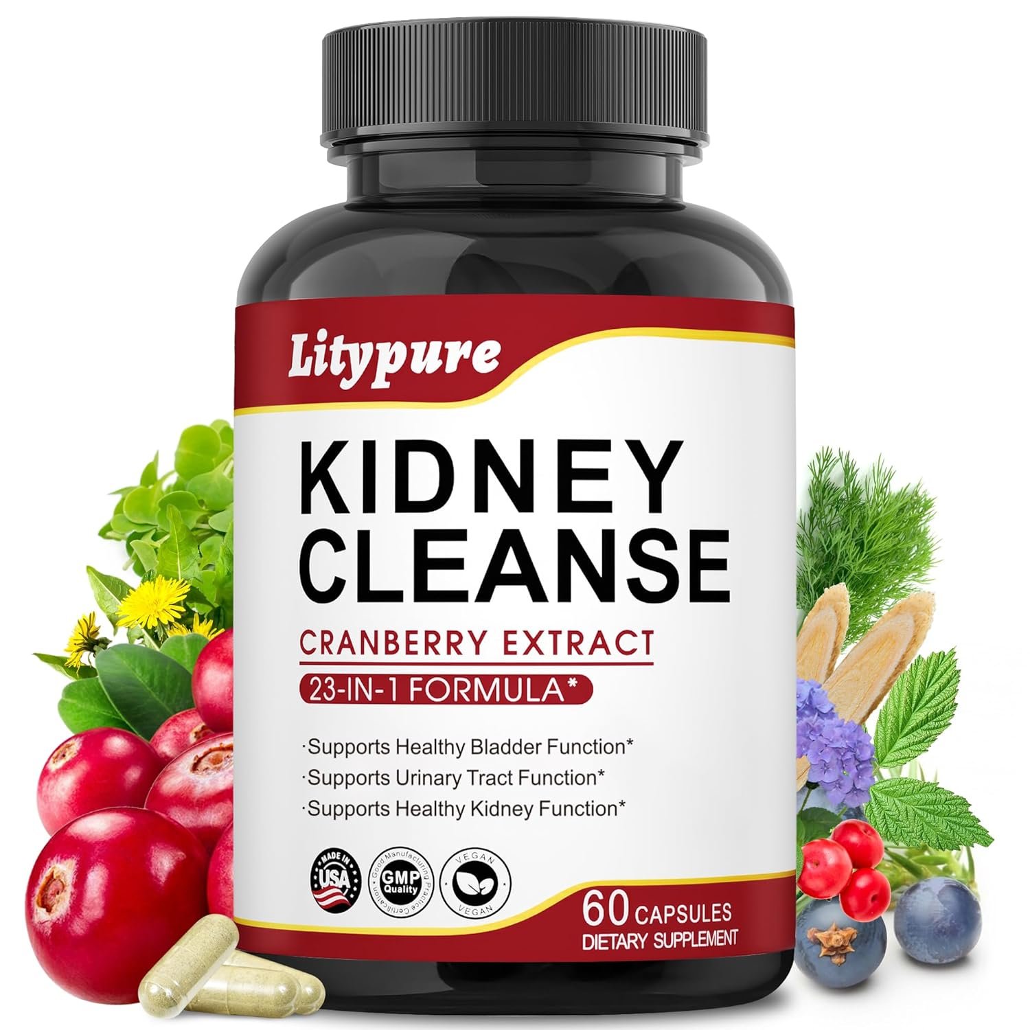 23-in-1 Kidney Cleanse Detox & Repair with 50:1 Cranberry Extract | Botanical Formula for Urinary Tract Wellness | 60 Capsules