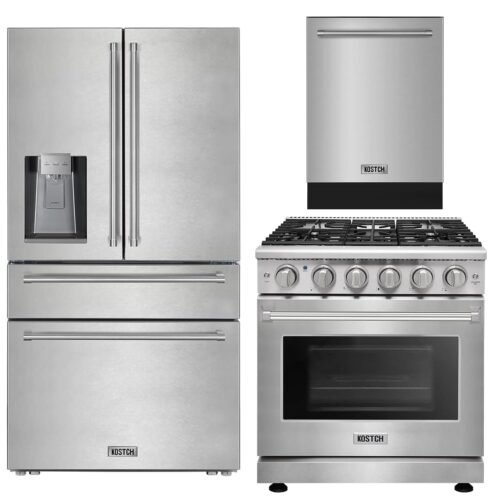 3 Set - 30" Natural or Liquid Propane Gas Range with 5 Burners, 36" 21.6 cu. ft. French Door Refrigerator/Fridge with Ice and Water Dispenser & 24" Top Control Built-In...