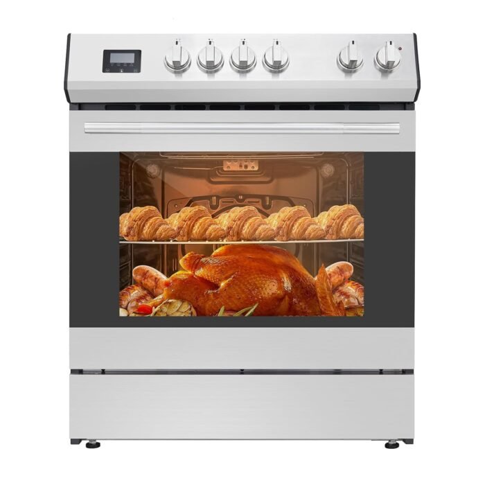 30" Electric Range Oven - Four-Burner Induction, High-Efficiency Convection Oven, 5 Cu.Ft. Capacity, Glass Cooktop, Stainless Steel Freestanding, Silver