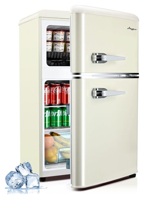 3.2 Cu.Ft Fridge with Freezer, 2 Door Retro Refrigerator with 7 Level Thermostat, Adjustable Removable Glass Shelves for Bedroom Office Apartment Dorm Bar, White