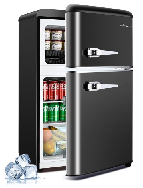 3.2 Cu.Ft Fridge with Freezer, Double Door Retro Refrigerator with 7 Level Thermostat, Adjustable Removable Glass Shelves for Bedroom Office Apartment Dorm Bar, Black