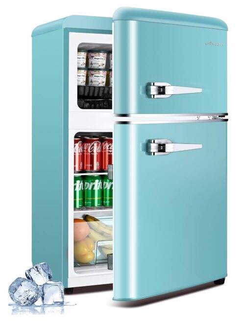 3.2 Cu.Ft Refrigerator, Retro Double Door Fridge with Freezer, 7 Adjustable Temperature Settings, Removable Glass Shelves for Dorm, Office, Bedroom, Apartment, Blue