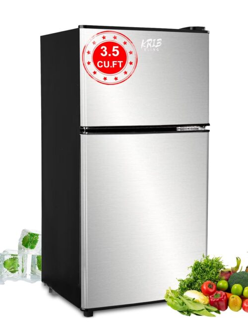3.5 Cu.Ft Refrigerator 2 Door 7 Level Adjustable Thermostat Control Top-Freezer Refrigerator Lock Fresh Energy Saving Silver (KB03-FLS-80-SILVER)