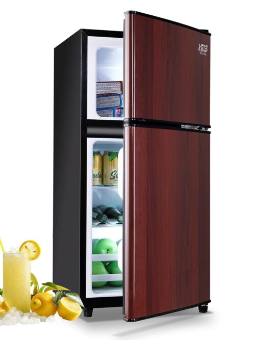 3.5 Cu.Ft Refrigerator with Freezer,Vintage Double Door,Lock Fresh Energy Saving Compa,7 Level Adjustable Thermostat ct for Dorm, Bar, Office,Kitchen, Apartment，Wood, KB02...