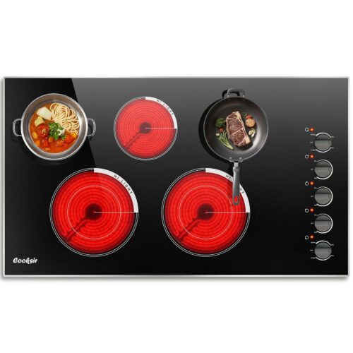 36 Inch Electric Cooktop - 5 Burner Electric Stove with 8400W High Power, 36" Large Built-in 5 Zones Radiant Ceramic Stove Knob Control, Residual Heat Indicator, 220-240V Hard...