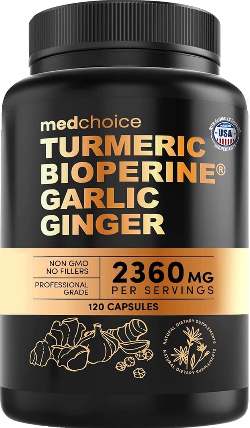 4-in-1 Turmeric and Garlic Supplements with Bioperine 2360 mg Turmeric Ginger Root Capsules with Garlic for Joint, Digestion & Immune Support (120 ct)