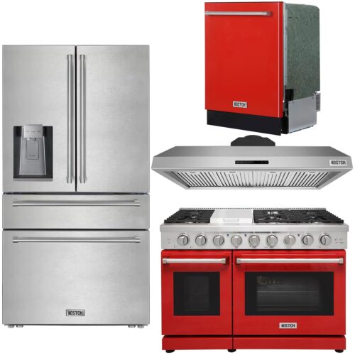 4 Set - 48" Natural or Liquid Propane Gas Range, 48" Wall-Mounted Range Hoods, 36" 21.6 cu. ft. French Door Refrigerator/Fridge & 24" Top Control Built-In Dishwasher (Red)
