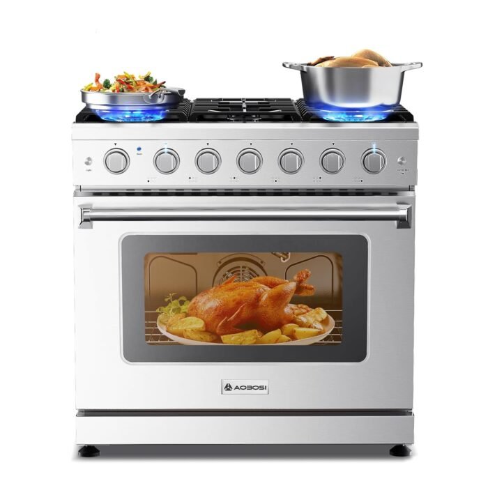 AAOBOSI 36 Inch Front Control Gas Range Oven with 6 Cooktop Burners, 6 Cu. Ft True Convection and Self Clean, Freestanding Stainless Steel Heavy Duty Gas Range Stove with...