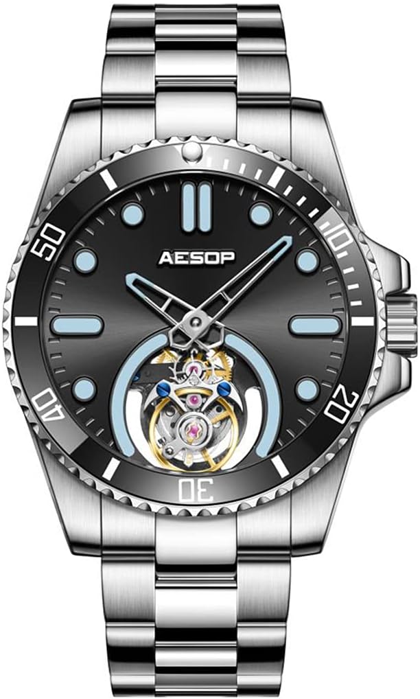 AESOP Tourbillon Men Watch Unidirectional Rotating Bezel Mechanical Hand Wind Wristwatches Analog Luminous Sapphire Stainless Business Luxury Watch for Men 7060