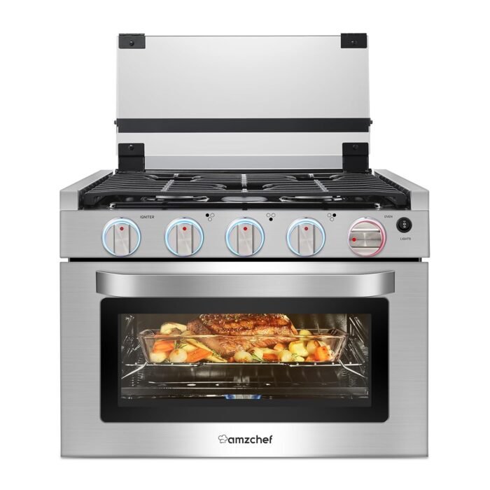 AMZCHEF RV Gas Range 17 Inches Tall, 1.24 Cu.Ft Propane Range Oven with 3 Burners Stove for RV, Apartment, Mobile Home, Stainless Steel.