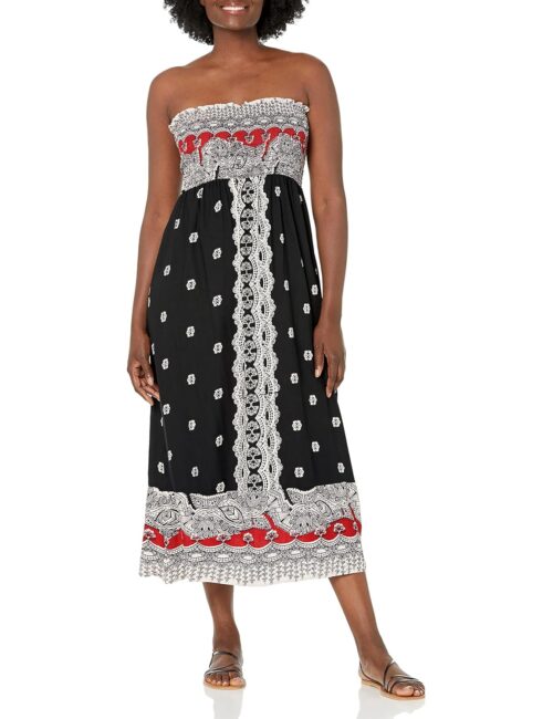 Angie Women's Printed Smocked Bodice Strapless Maxi Dress