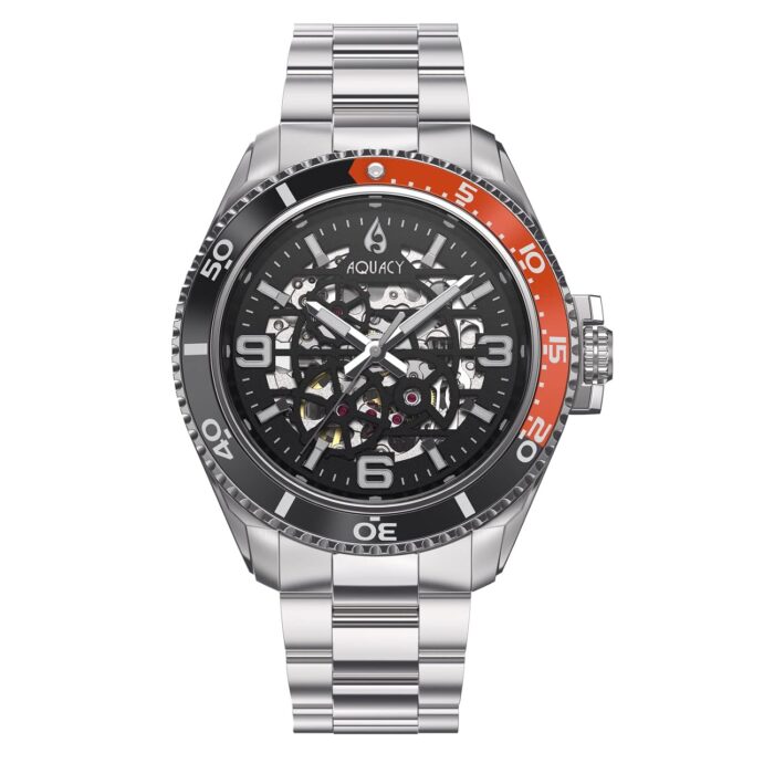 Aquacy HEI Matau Skeleton 200M Black Dial Orange Bezel Men's Automatic Watch - Japan Miyota Automatic Movement Stainless Steel Bracelet