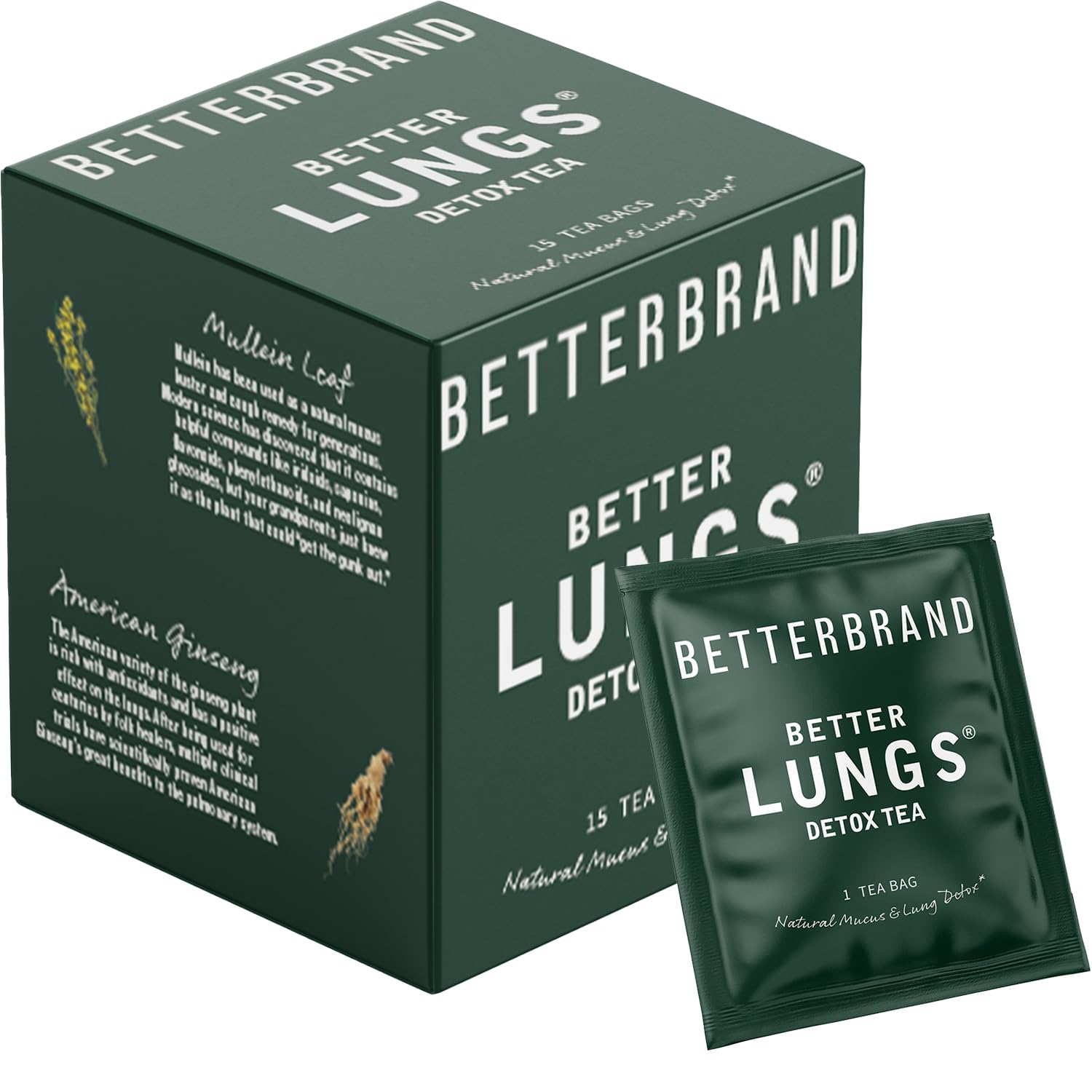 Betterbrand BetterLungs Detox Tea – Herbal Tea for Respiratory Support | Mullein Leaf & Herbal Blend for Lung Health & Wellness | Caffeine-Free | 15 Tea Bags