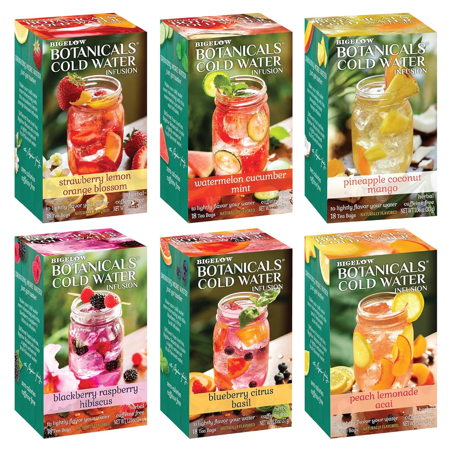 Bigelow Botanicals Cold Water Infusion Herbal Variety Pack, Caffeine Free Tea with Cranberry, Watermelon, Blackberry, Strawberry, Peach & Blueberry Flavor, 18 Count Box (Pack of…