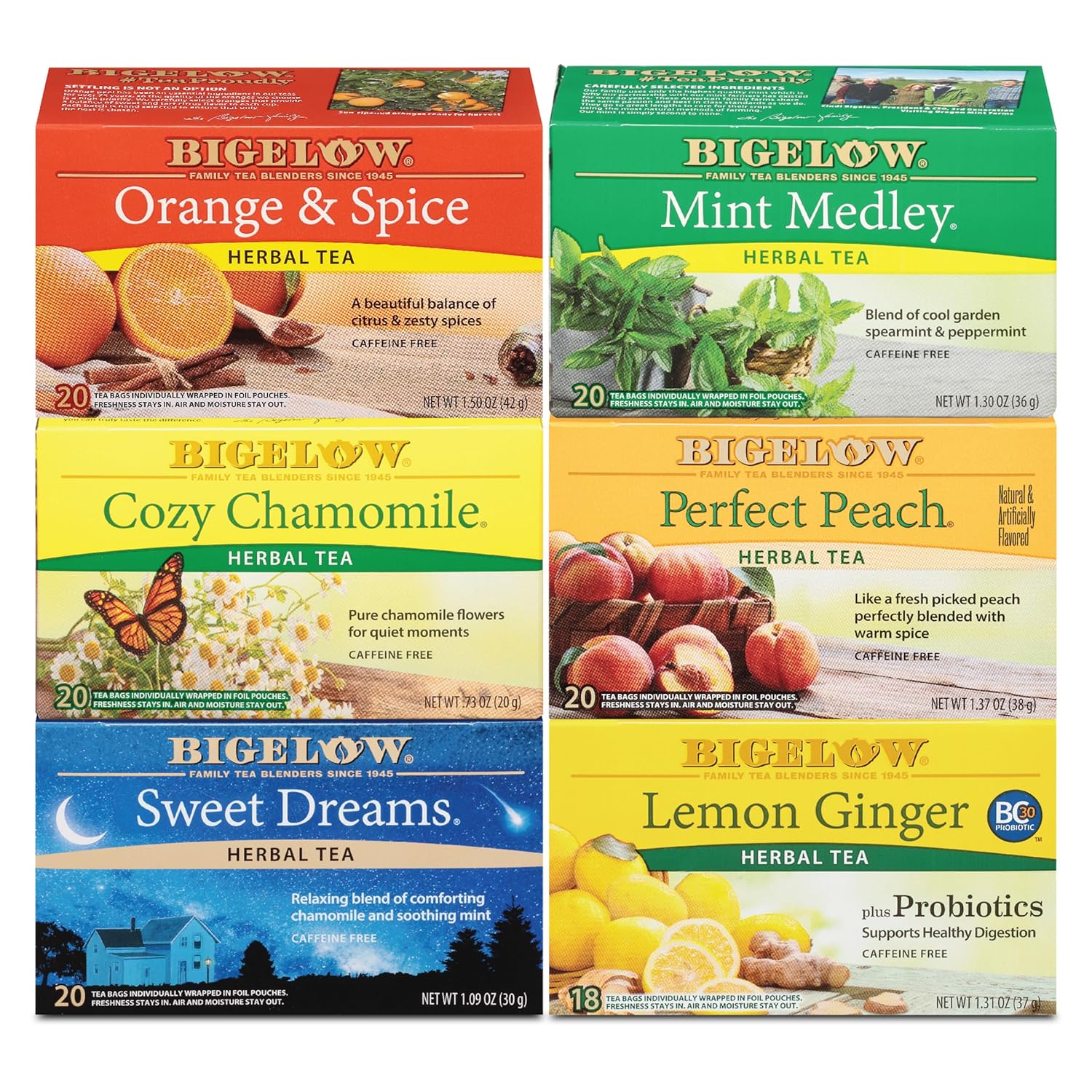 Bigelow Tea Caffeine Free 6 Flavor Herbal Tea Variety Pack, Decaf Tea with Mint Medley, Cozy Chamomile, Orange and Spice, Sweet Dreams, Perfect Peach, and Lemon Ginger, (Pack of…
