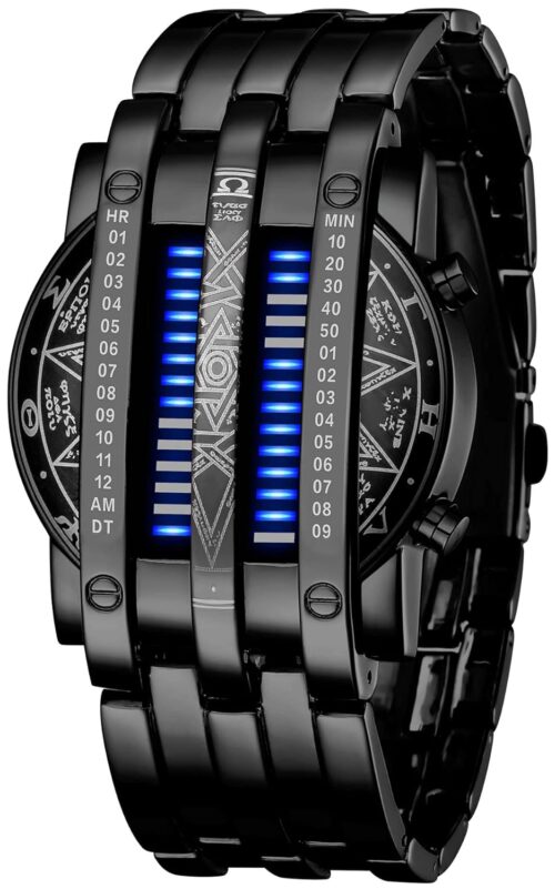 Binary Matrix Blue LED Digital Watch Mens Classic Creative Fashion Black Plated Wrist Watches