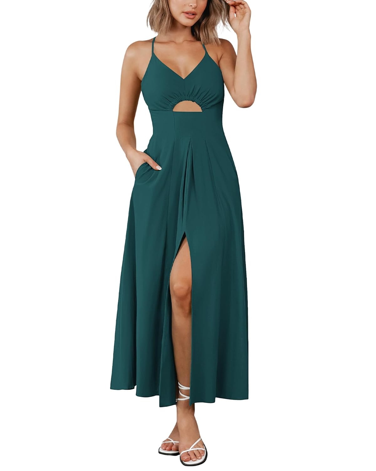 BTFBM Women 2025 Summer Spaghetti Strap Midi Dress Sleeveless V Neck Cutout Slit Casual Beach Party Maxi Dresses Pockets