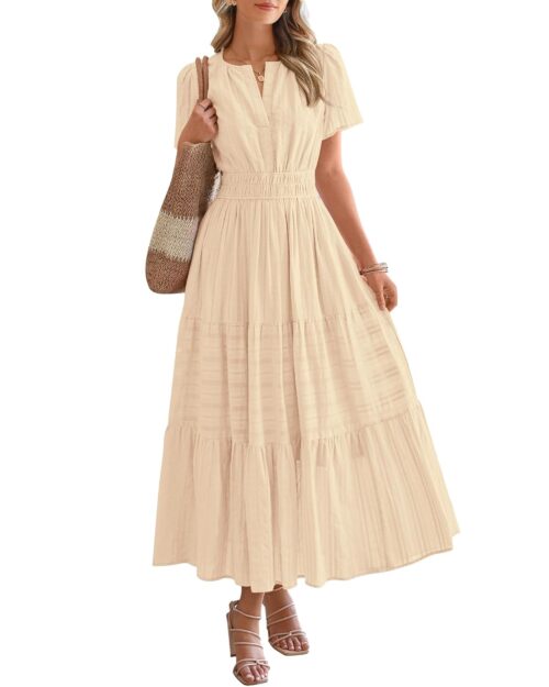 BTFBM Womens Summer 2025 Casual Midi Maxi Dresses Lightweight Short Sleeve V Neck Elastic Waist Boho Beach Dress Pockets