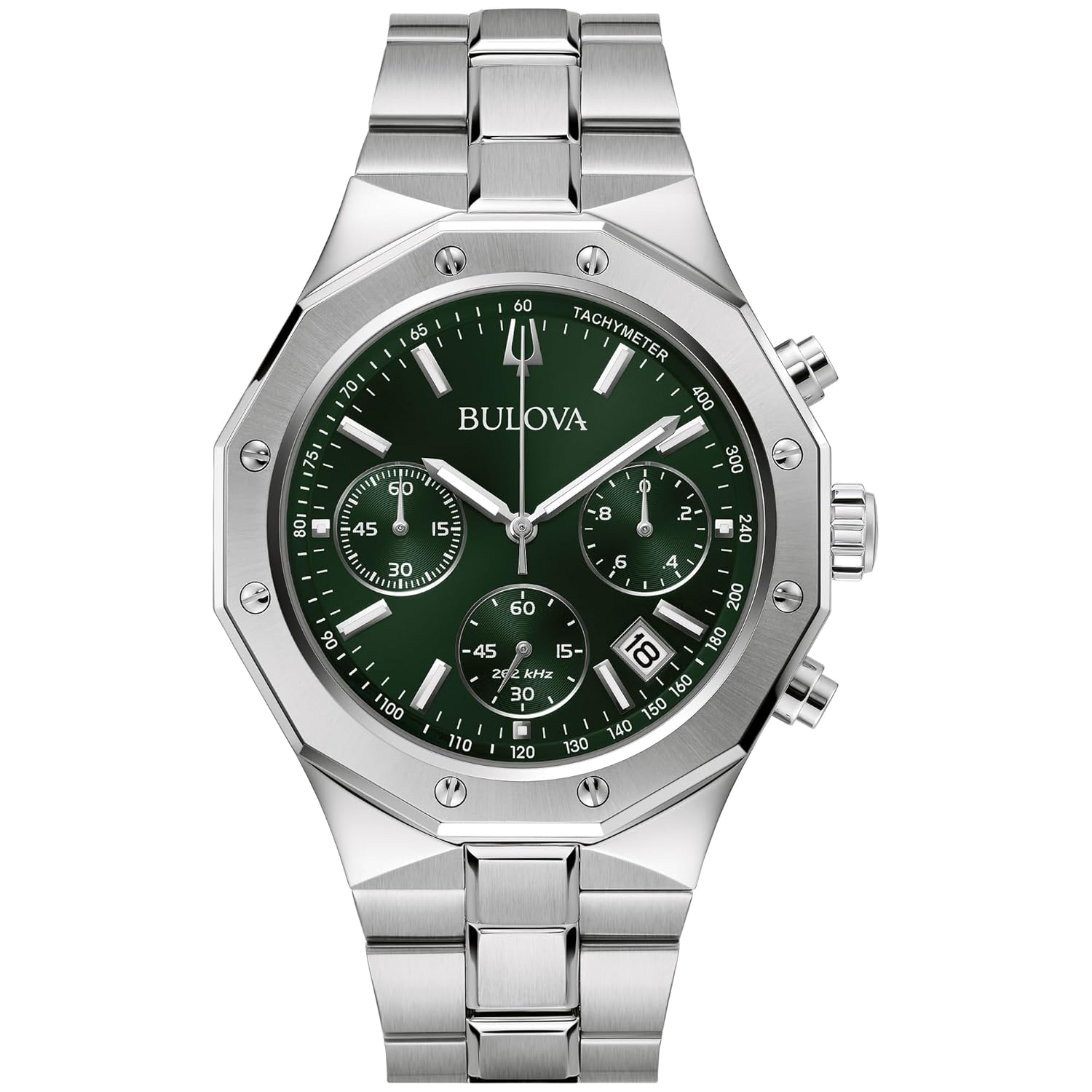 Bulova Men’s Classic 6-Hand Chronograph High Performance Quartz Silver Stainless Steel Watch, Green Dial,Geometric Bezel 24 Hour Time, 44mm, Style:96B409