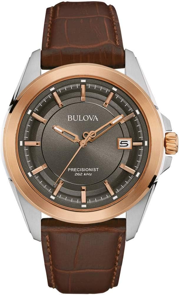 Bulova Men’s Precisionist 3-Hand Calendar Rose Gold and Stainless Steel with Brown Leather Strap and Gray Dial Style: 98B267