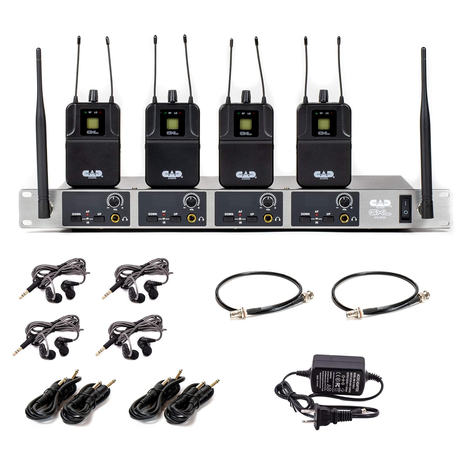CAD Audio GXLIEM4 Frequency Agile Wireless In Ear Monitor System -Four discrete mixes – includes 4 MEB1 Earbuds, 4 Bodypack Receivers, Rack Mount Ears and Antenna Relocation Kit…