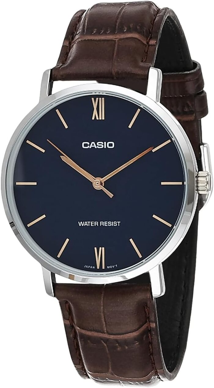 Casio MTP-VT01L-2B Men's Minimalistic Blue Dial Brown Leather Band Analog Watch
