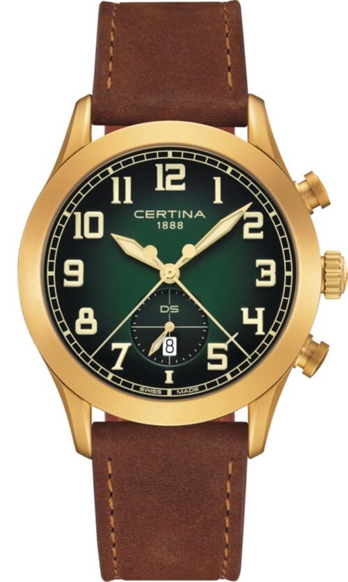 Certina, Mens, DS Pilot, Stainless Steel, Swiss Quartz, Watch, Green Gradient, Faux Leather, 22, (C0246173609200)