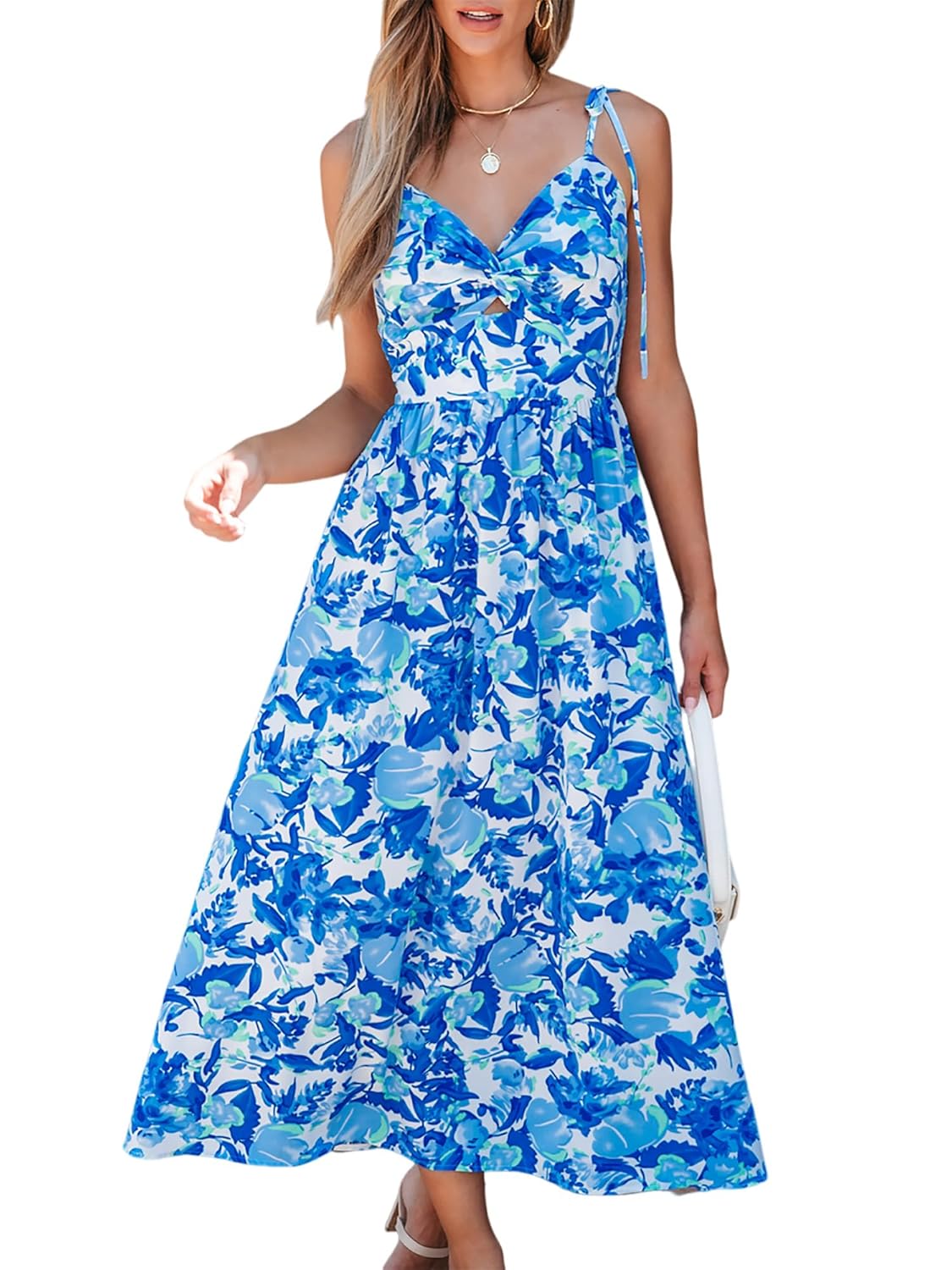 CUPSHE Summer Dress for Women V Neck Sleeveless Floral Cutout Smocked Ruffled Maxi Formal Beach Dress