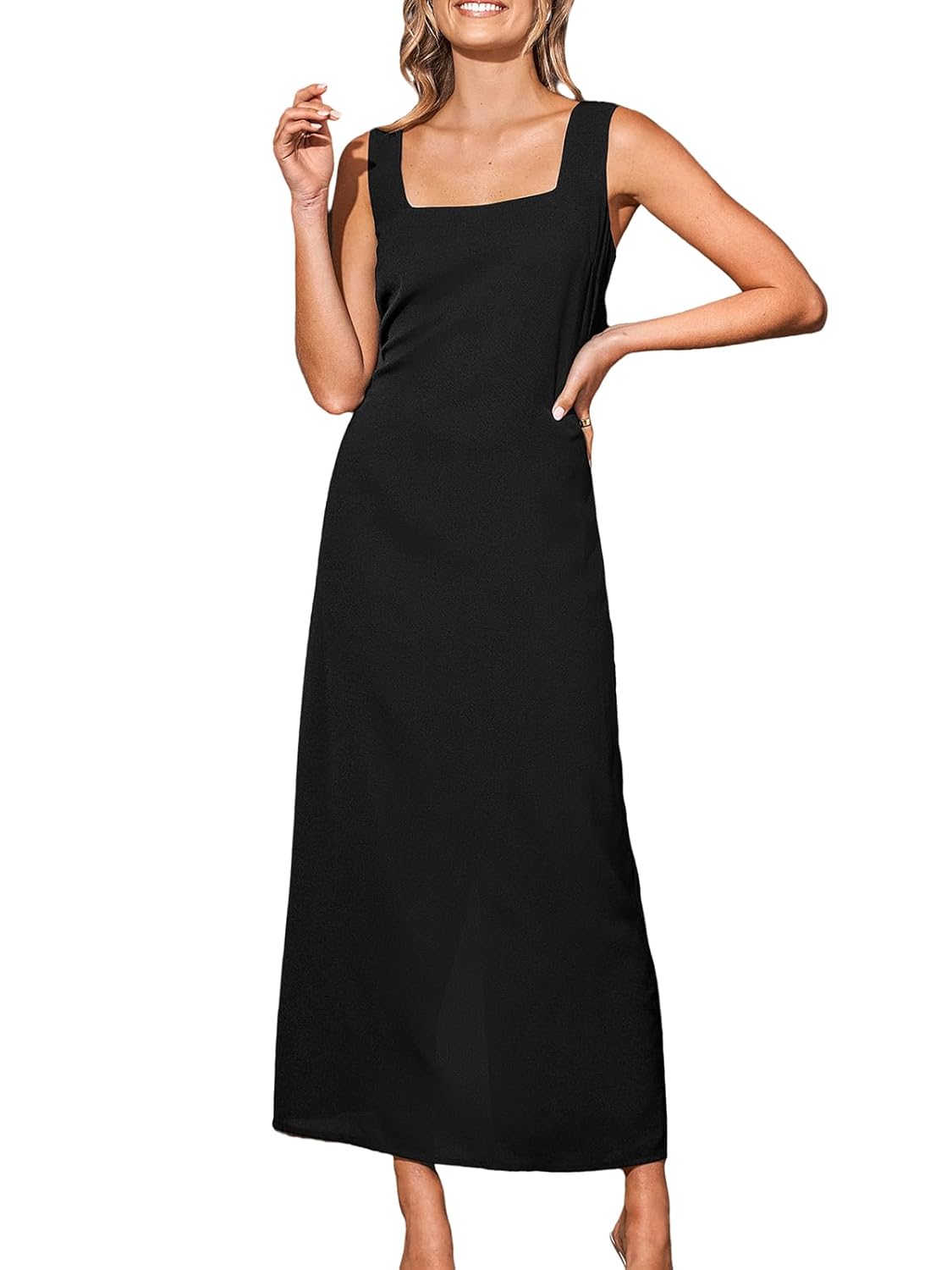 CUPSHE Women Backless Maxi Summer Dress Back Vent Square Neck Sleeveless A Line Casual Sundress Spring Semi Formal Dress