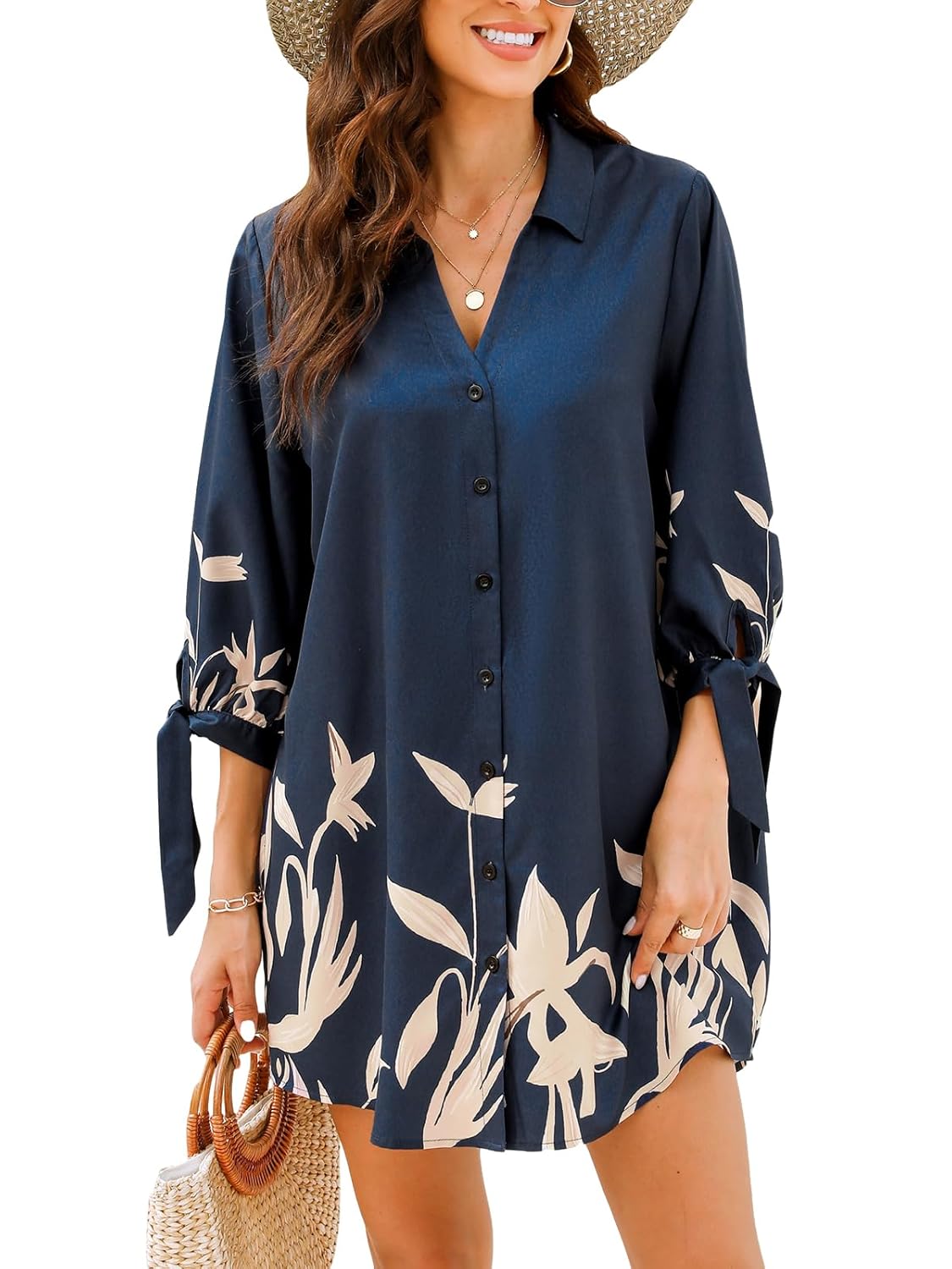 CUPSHE Women Mini Summer Dress Cover Up Oversize Floral Shirt 3/4 Sleeve Cuff Tie Button Down Beach Dresses Cover Up Top