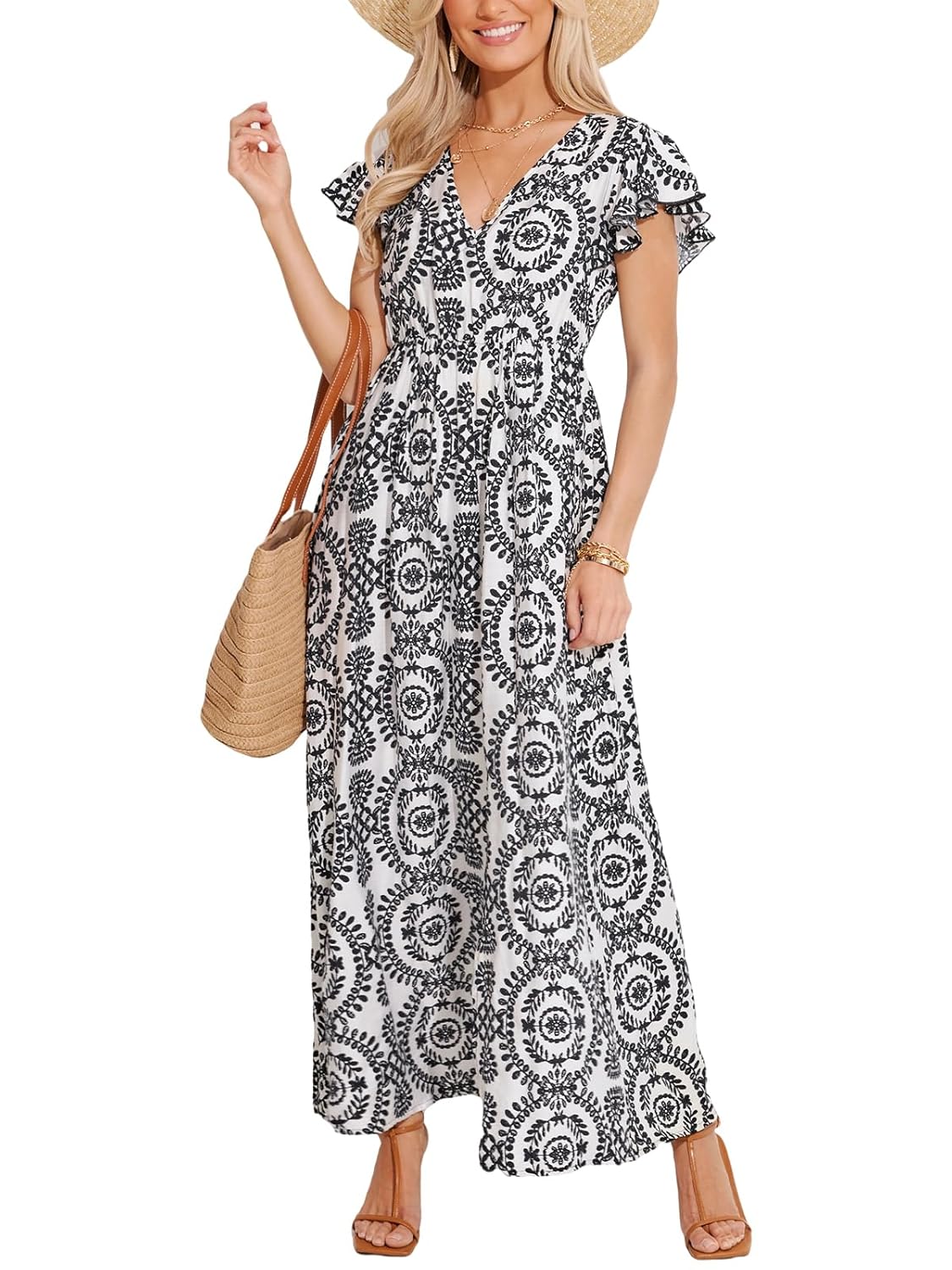 CUPSHE Women’s Boho Paisley Maxi Dress V Neck Short Flutter Sleeve Elastic Waist Split Smocked Long Dresses