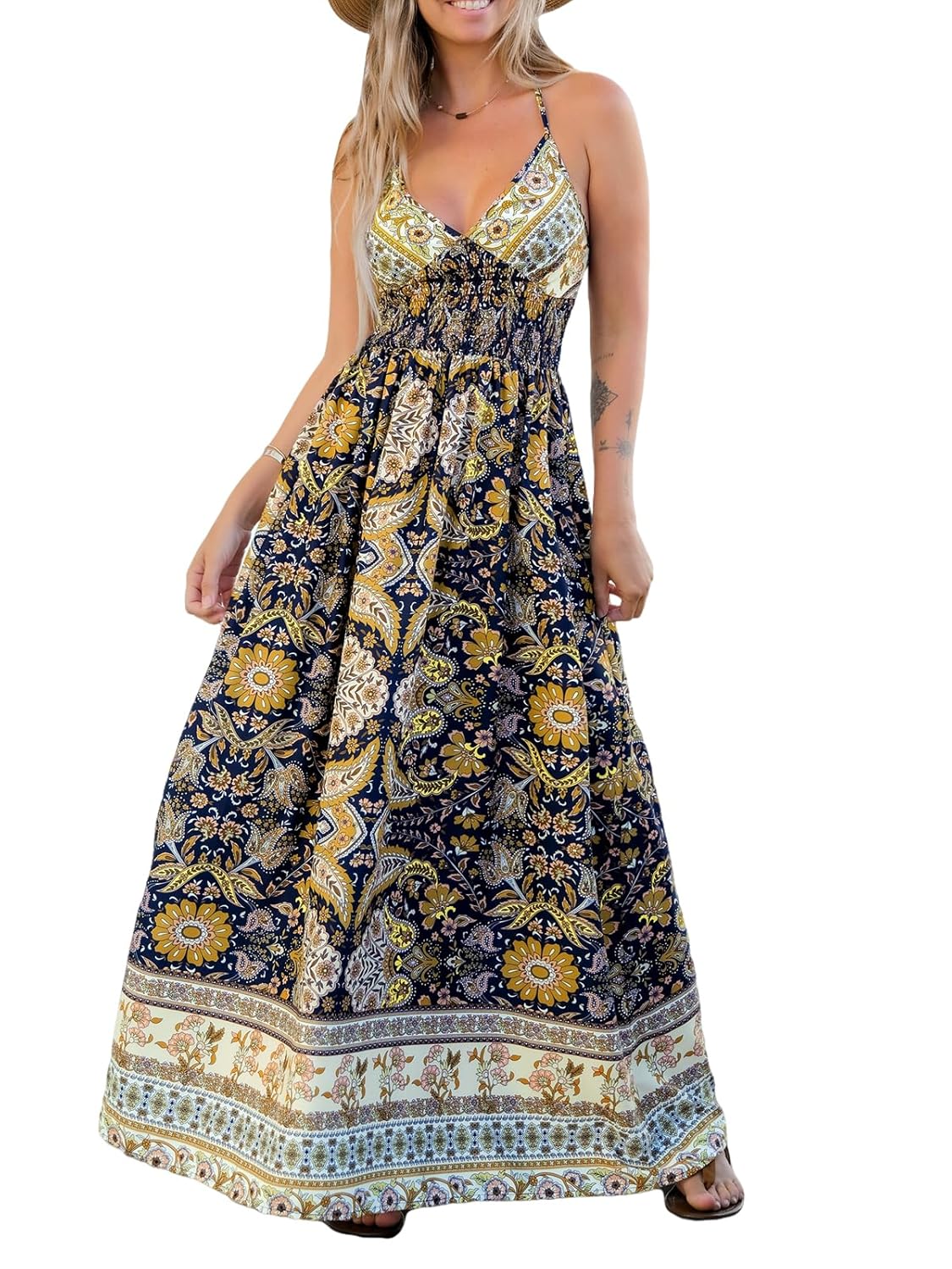 CUPSHE Women’s Boho Smocked Waist Maxi Dress Halter Neck Sleeveless A Line Beach Summer Long Dresses