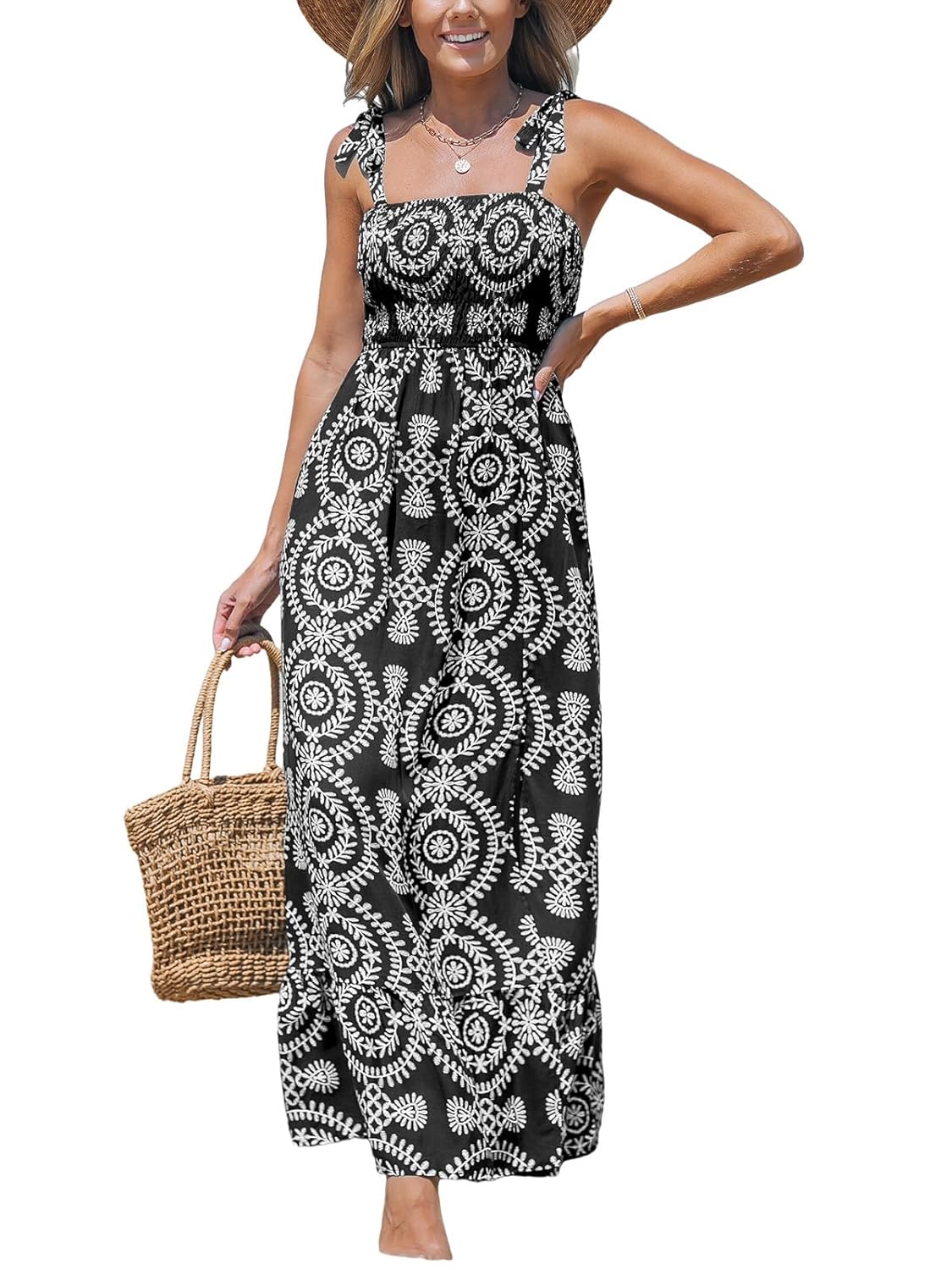 CUPSHE Women’s Maxi Dress Casual Smocked Straps Paisley Ruffled Slit A Line Long Beach Summer Dress