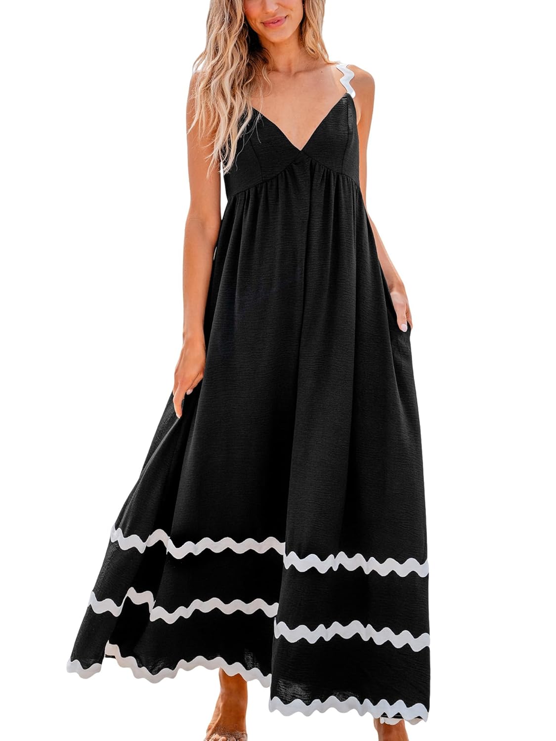 CUPSHE Women’s Maxi Dress V Neck Summer Sundress Sleeveless Flowy Long Swing Hem Formal Dress with Pockets