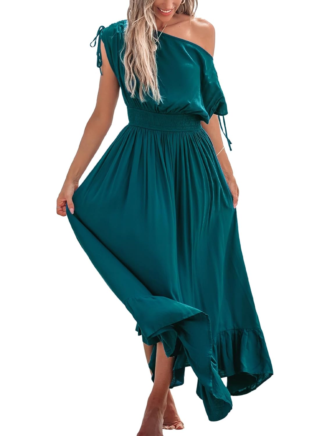 CUPSHE Women’s Maxi Dresses Casual Summer Sundress Sleeveless Smocked One Shoulder Ruffled Long Beach Formal Dress