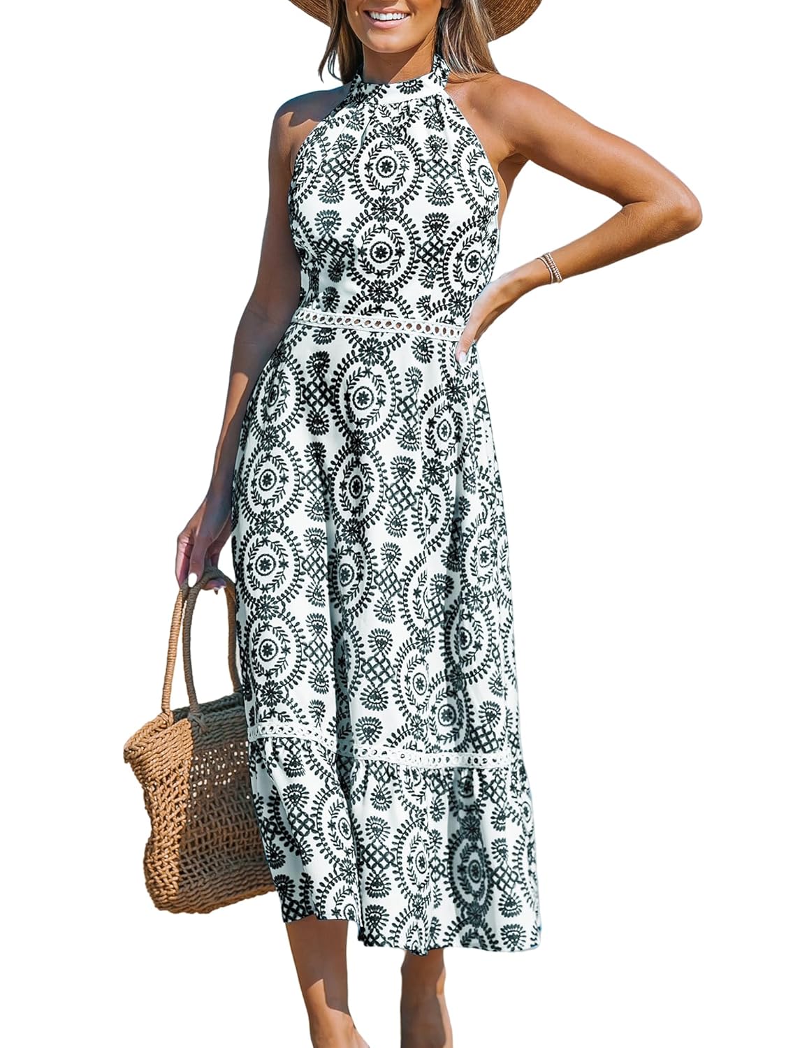 CUPSHE Women’s Midi Dress Halter Paisley Sleeveless Cutout Waist Long Beach Boho Summer Dress