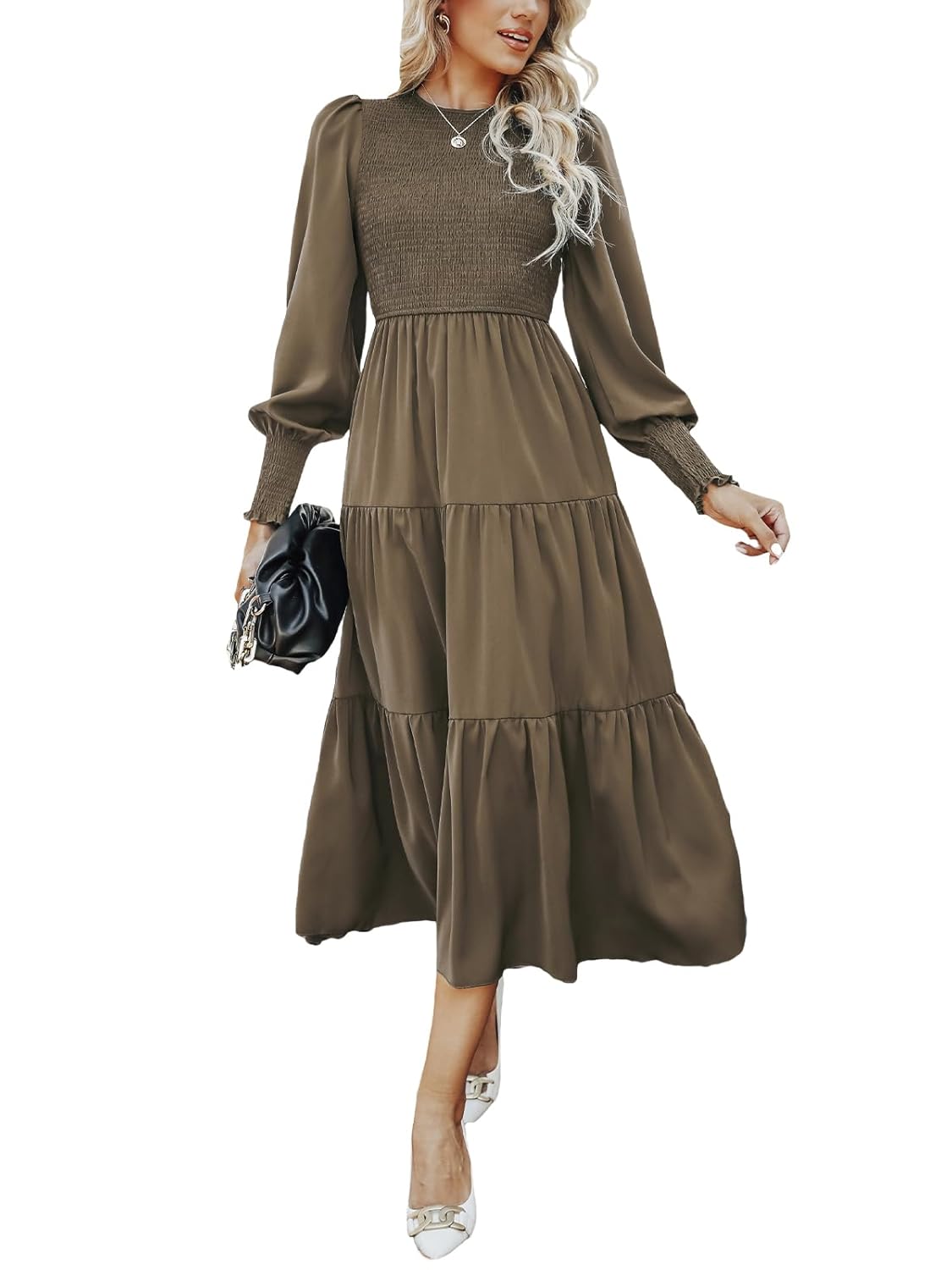 CUPSHE Women’s Ruched Maxi Dress High Neck Long Sleeves Smocked Tiered