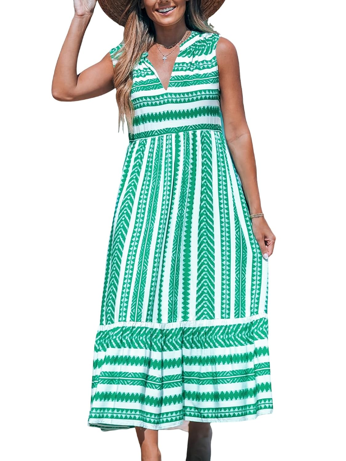 CUPSHE Women’s Ruffle Beach Maxi Dress Split V Neck A Line Sleeveless Stripe Geometric Pattern Casual Summer Dresses