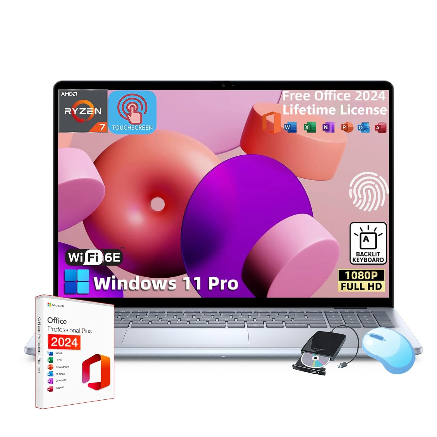 Dell Inspiron-16 Touchscreen Business Laptop – w/Office 2024 Lifetime • 16-inch FHD+ Display • AMD Ryzen 7-8840U • Backlit KB • Fingerprint • Win 11 Pro & External DVD Drive…