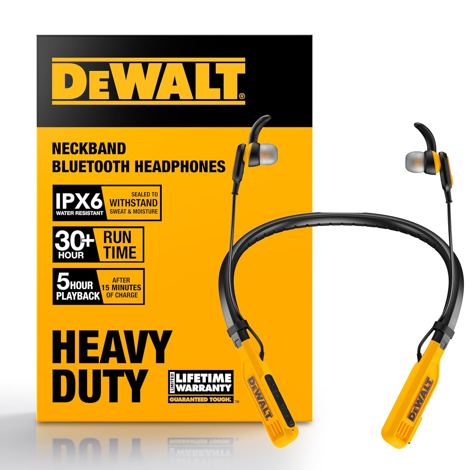 Dewalt Heavy Duty Bluetooth Neckband Headphones, Wireless Around The Neck Earbuds w/ 30H Runtime + Noise Isolation, Secure Magnetic Wireless Earbuds, Jobsite Pro Built-in Mic…