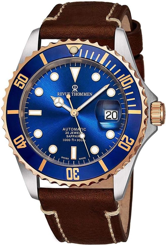 Diver Mens Automatic Dive Watch - 42mm Blue Face with Luminous Hands, Magnified Date, Sapphire Crystal - Rose Gold Bezel Brown Leather Band Swiss Made Waterproof Diving Watch...