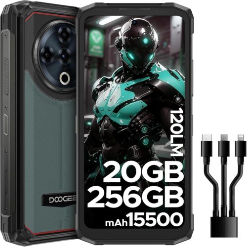 DOOGEE Fire 6 Power Rugged Smartphone, Dual Light Flashlight,15500mAh/33W Rugged Phone,20GB+256GB,50MP, Android 14, Unlocked Cell Phone with 3-in-1 Data Cable, Dual...